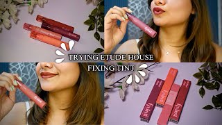 Trying Etude house fixing lip tint review 🌸midnight mauvemellow peachsoft walnutrose lilac [upl. by Whitten223]