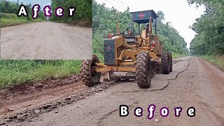 Motor Grader Crushes Cracked Asphalt For Road Repair Old [upl. by Dlaniger]