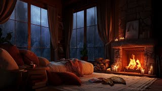 Nighttime Thunderstorm Haven  Fireside Comfort with Rain Fireplace and Sleeping Cat [upl. by Ellery385]