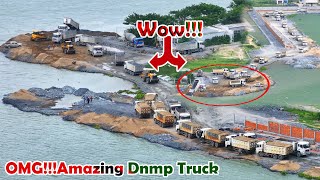 Amazing Many Dump Truck SHACMAN Unit Delivey Rock Making Road In Water to Middle of Lake [upl. by Yffat]