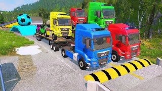 Double Flatbed Trailer Truck vs Speedbumps Train vs Cars  Tractor vs Train BeamngDrive 050 [upl. by Souvaine]