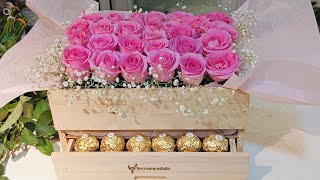 lovely Rose amp Ferrero rocher wooden arrangement 24 pink rose 6 Ferrero rocher white gypsoviralvideo [upl. by Els]