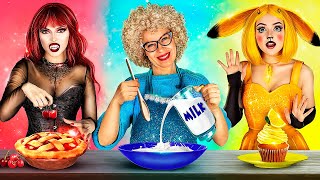 Grandma VS Pikachu VS Vampire Cooking Challenge Color Food Challenge Kitchen Hacks [upl. by Chrisse]