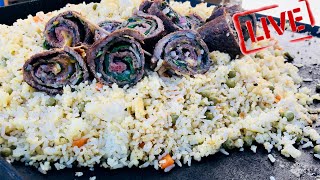 BLACKSTONE STUFFED STEAK ROLL UPS WITH GOLDEN FRIED RICE ON A FLAT TOP GRIDDLE [upl. by Ainerol]