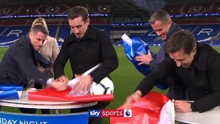 Jamie Carragher v Gary Neville in HILARIOUS present wrapping challenge 😂 [upl. by Annahtur5]