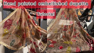 Diy Fabric paint with embellishments dupatta diy handpainted handpaintedfabric [upl. by Eiznikam97]