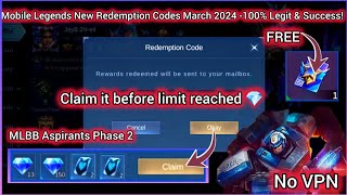 NO LIMIT MOBILE LEGENDS REDEEM CODE MARCH 23 2024  MLBB DIAMOND REDEEM CODES  NO VPN [upl. by Nywg]