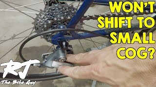 Fix Bike Rear Derailleur That Wont Shift Into Highest GearSmall Cog [upl. by Ttemme]