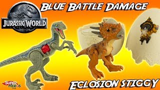 Jurassic World Figurine Blue Battle Damage Raptor Eclosion Stiggy Dinosaure Jouets Mattel Noel [upl. by Spiros]