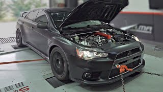 8000rpm 470Hp Lancer EVO X feat SEQUENTIAL Gearbox on the DYNO  Turbo Flutter sounds amp AntiLag [upl. by Annoynek518]