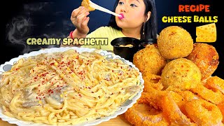 COOKING amp EATING  CREAMY MUSHROOM SPAGHETTI PASTA CHEESE BALLS ONION RINGS  MUKBANG  ASMR [upl. by Acimaj]