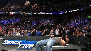 Shane McMahon hits AJ Styles with an elbow onto the announce table SmackDown LIVE Mar 21 2017 [upl. by Nylrem416]