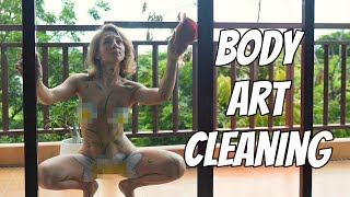 4K Body art Transparent cleaning Windows with Kriss [upl. by Llerdnad]