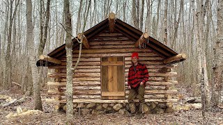 Simple Off Grid Log Cabin Build Moss Chinking Door Build Tarp Roof [upl. by Lladnar]