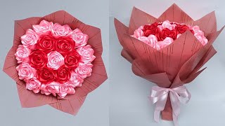 DIY  How to Make a Bouquet of Roses from Satin Ribbons Easy  Wrapping a Round Flower Bouquet [upl. by Zzabahs]