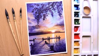 Watercolor painting of sunset evening landscape of river side easy [upl. by Mylor807]