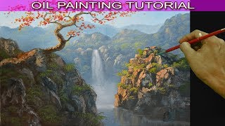 Oil Landscape Painting Tutorial Autumn Red Tree on Top of Rocky Cliff with Waterfall by JM Lisondra [upl. by Norac218]