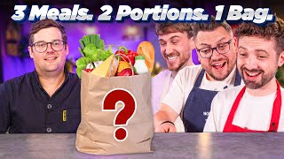 Chef vs Normals GROCERY SHOP CHALLENGE  3 Meals 2 Portions 1 Bag 0 Waste [upl. by Plumbo916]