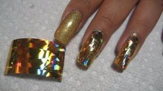 Holographic Gold Nail Foil Application  DIY Nail Art Tutorial [upl. by Eibur]