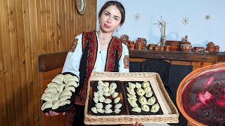 Woman is cooking WILD DRIED MUSHROOMS BORSCHT and three type of dumplings Ukrainian food [upl. by Ettenom]