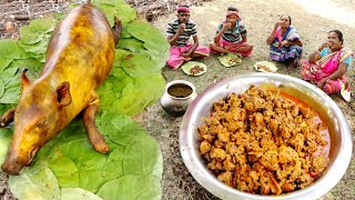 how they clean PIG MEAT and cooking by santali tribe people for eating with hot ricepig meat curry [upl. by Carolynne853]