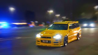 R34 Stagea Arrives At JDM Car Meet Surrounded By Police  Modified Cars Leaving a Car Meet [upl. by Hametaf]