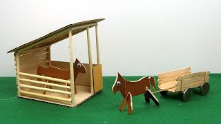 DIY Horse Stables amp Cart  Easy Popsicle Stick Crafts [upl. by Hanyaz]