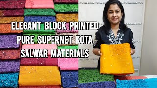 ELEGANT BLOCK PRINTED PURE SUPERNET KOTA SALWAR MATERIALS  REAL MIRROR WORK  WHATSAPP 09980215090 [upl. by Ahsieit769]