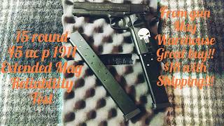 15 round 45acp extended mag for 1911 handgun reliability field test [upl. by Agiaf]