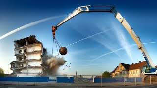 Building Demolition  Controlled Demolition demolition crane operating a wrecking ball [upl. by Haet77]