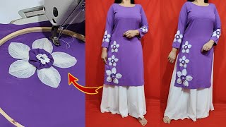 3D Net Flower Design DIY Embroidery With Net Fabric सिलाई मशीन से कड़ाईLatest Kurti Design Making [upl. by Dot]