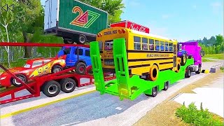 Double Flatbed Trailer Truck vs Speedbumps Train vs Cars BeamngDrive 210 With Reverse [upl. by Kemble881]