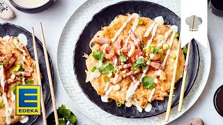 Okonomiyaki Rezept  Herzhafte japanische Pfannkuchen mit Garnelen amp Bauchspeck  EDEKA [upl. by Arbmik]