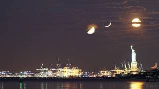 Three Moons and a Statue  A MoonStack Timelapse of the crescent moon half full and full moon [upl. by Arba458]