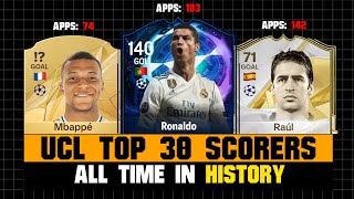 Champions League Top 30 GOAL SCORERS in History 🔥⚽️ ft Ronaldo Mbappe Raul [upl. by Scever961]