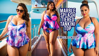 Plus Size Supermodel in Marble Splash Tiered Tankini Top  Fashion Photoshoot  AI Model Lookbook [upl. by Lefkowitz]