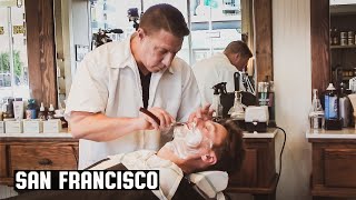 The San Francisco Wet Shave  Haircut Harry Experiences Peoples Barber amp Shop  California [upl. by Llerdnam]