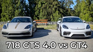 2022 Porsche 718 Cayman GTS 40 vs 2022 Porsche 718 Cayman GT4  Head to Head Review [upl. by Ekul306]