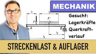 Stützkräfte am Balken  Lagerkräfte bei Streckenlast  Querkraftverlauf  Maximales Biegemoment [upl. by Barrett]