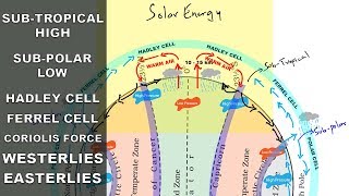 Subtropical high Subpolar low Easterlies Westerlies  Atmospheric circulation  Pressure belts [upl. by Eisnil]