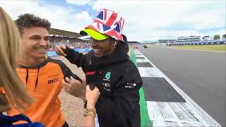 Lewis Hamilton steals Lando Norriss Bucket Hat Landos Main Challenge 😂😂😂  2022 British GP [upl. by Ayamahs]