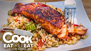 Nate Makes Honey Whisky Salmon amp Cajun Rice  Cook Eat Repeat  Blackstone [upl. by Yevre]