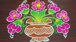 Simple colour kolam for margazhi  flower pongal rangoli with 9x4 dots  sankranthi muggulu [upl. by Anoyek436]