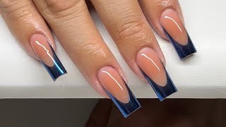 Long Blue Chrome French Acrylic Nails [upl. by Nema]