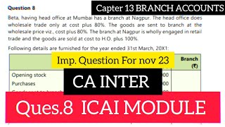 QUESTION 8 BRANCH ACCOUNTS CHAPTER 13 ca inter  ca inter branch accounts [upl. by Ahsitnauq571]