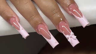 Long French Pearl And Bow Accent Acrylic Nails [upl. by Jarl]