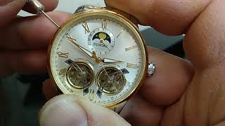 BINGER B8606 DOUBLE BALANCE WHEEL MOON PHASE AUTOMATIC WATCH UNBOXING [upl. by Cobbie]