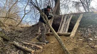 Building a Survival Shelter Under a Mound of Earth  Staying Overnight [upl. by Scheck160]