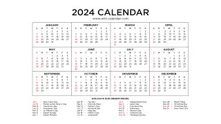 Free Year 2024 Calendar Printable with Holidays  Wiki Calendar [upl. by Flosser547]