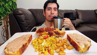 EGGS POTATOES BEEF PORK PATE WITH CHEDDAR CHEESE BREAD BREAKFAST MUKBANG EATING SHOW [upl. by Ninerb]